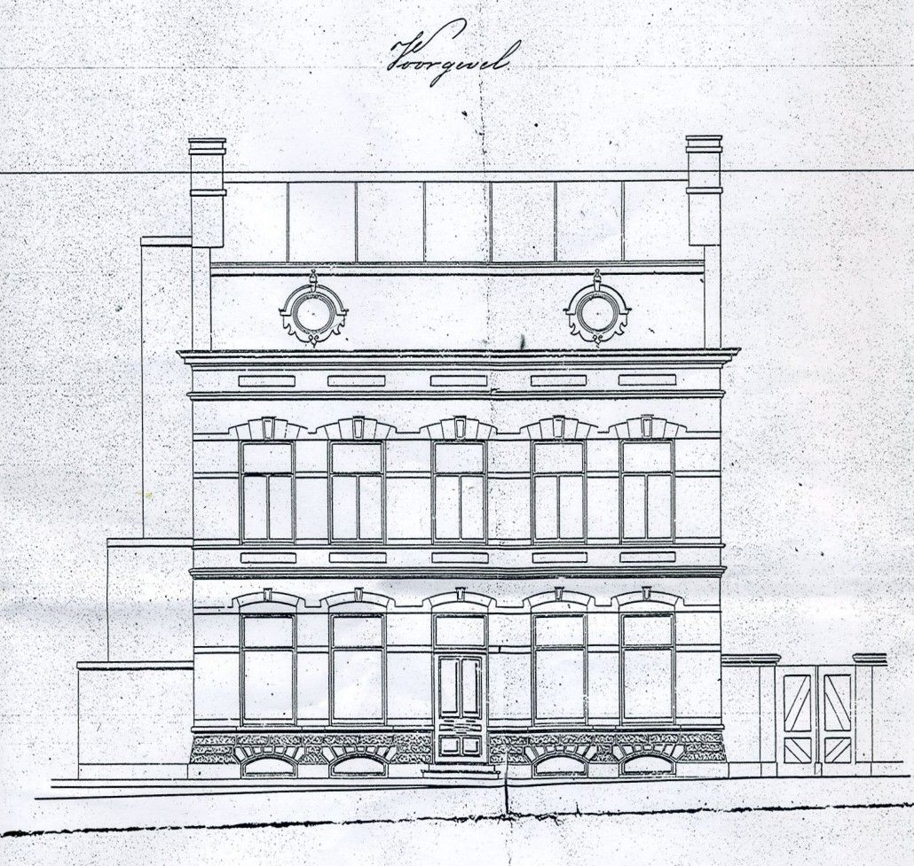 De ontwerptekening van de voorgevel uit 1890.